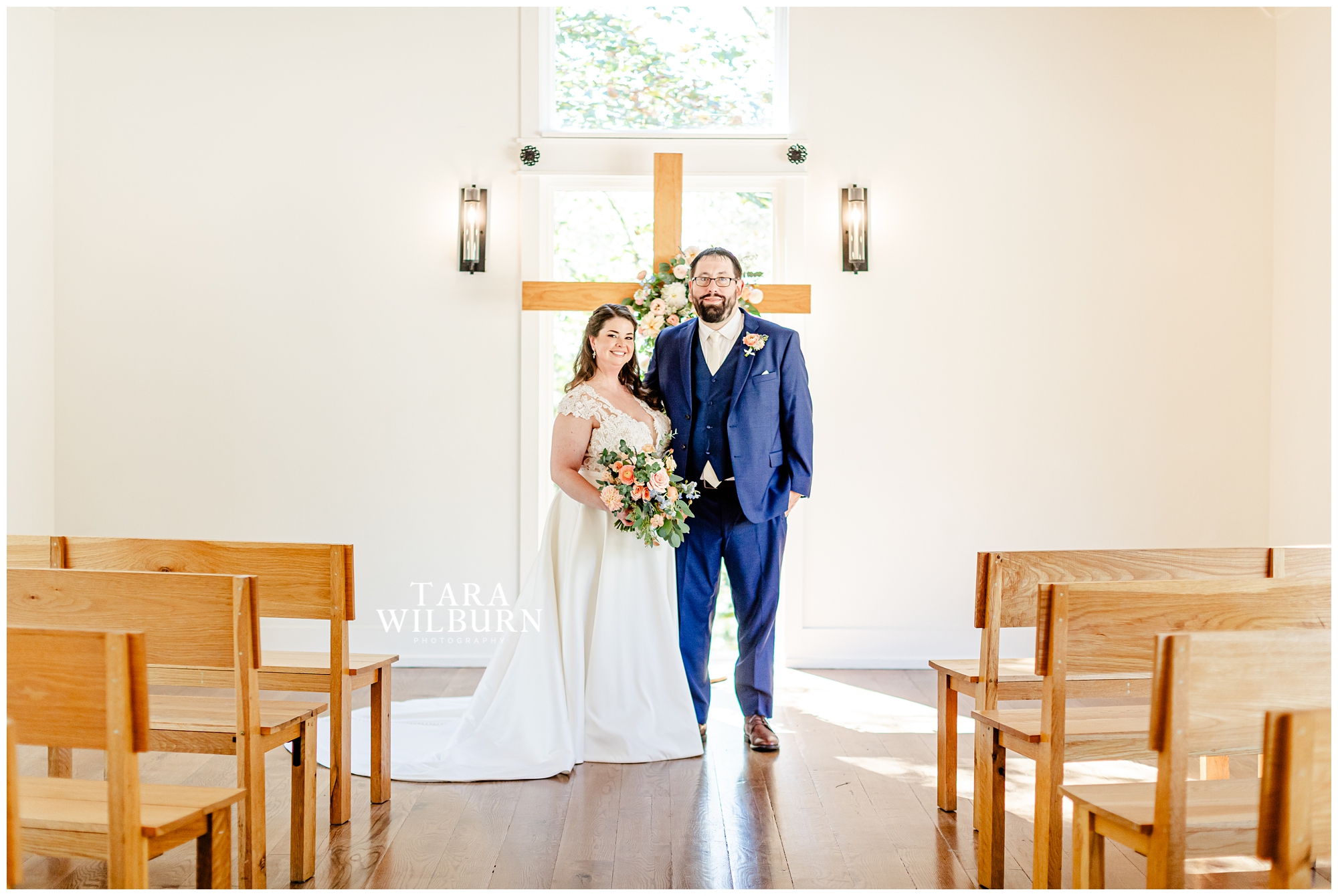 Featuring the happy newly married couple Keli and Jeremy as they pose inside Juliette Chapel on their wedding day for their photographer just before their ceremony.